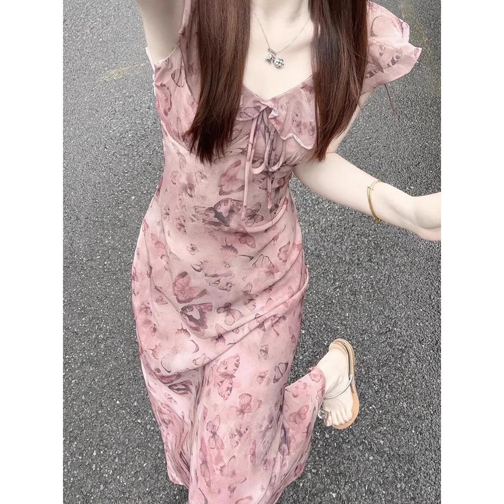Pure Desire Long Butterfly Print Lotus Leaf Edge Thin Dress Women's 2026 Summer New Waist Temperament Skirt Women