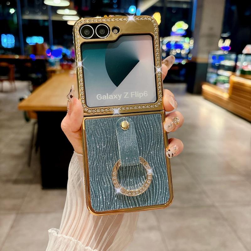 Glitter Diamond Frame Plating 2pcs Phone Case For Samsung Galaxy Z Flip6 Flip5 Flip4 Flip3 Luxury Leather Shockproof Metal Ring Hard PC Folding Cover