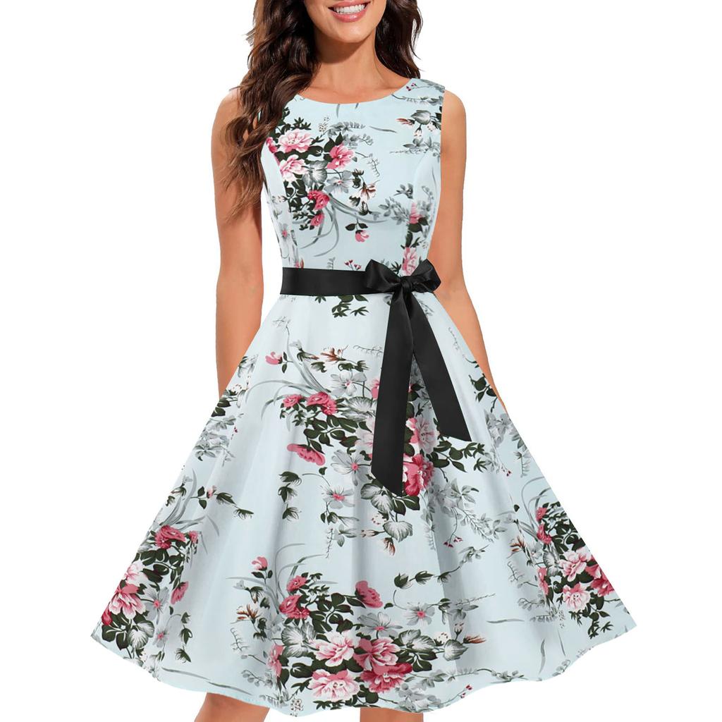 Women Summer Floral Print Sleeveless O Neck A Line Slim Midi Dress
