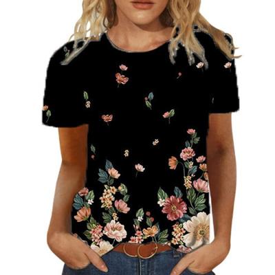 Damen-Base-Top, natürliches, florales, digitales 3D-gedrucktes, lässiges, lockeres T-Shirt