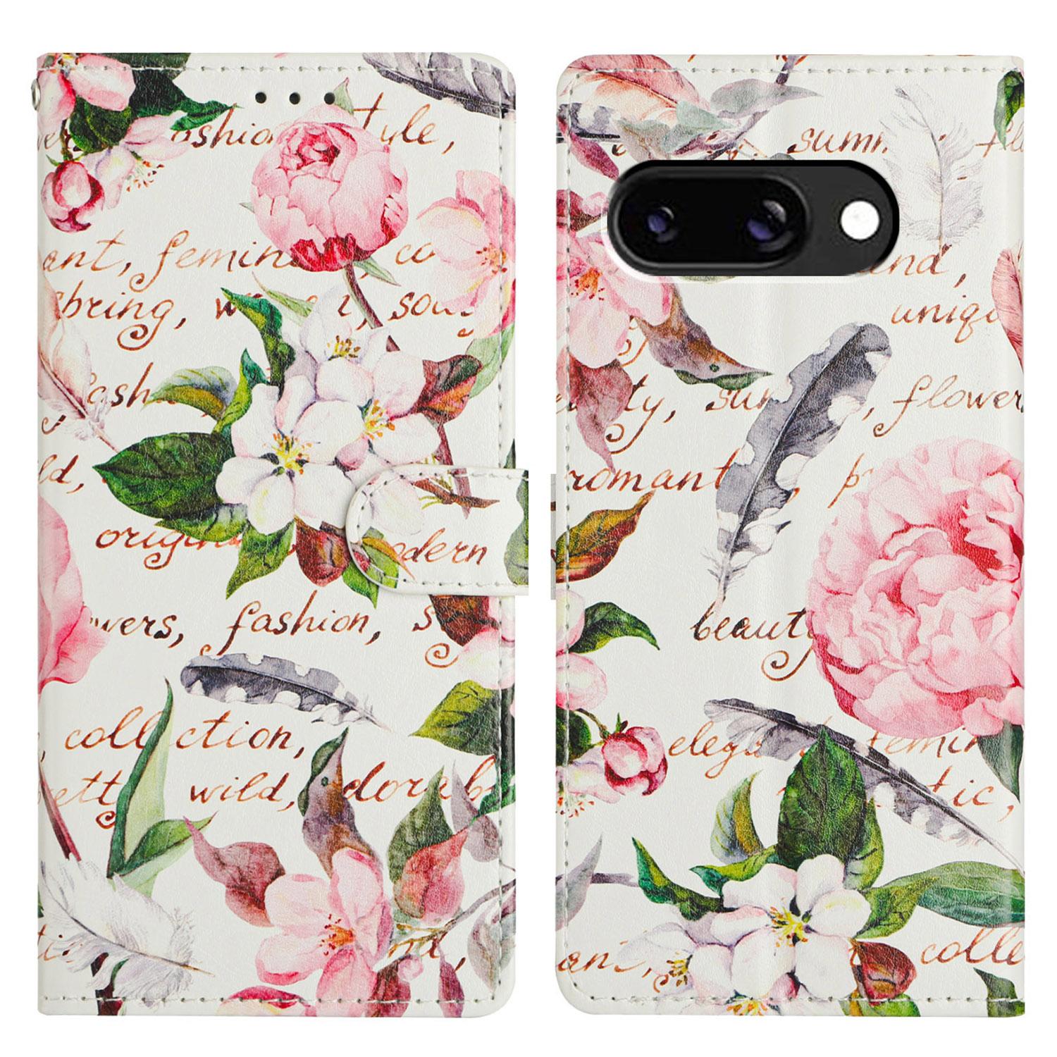

For Google Pixel 9a Case PU Leather Wallet Phone Cover with Stand Pattern Painted Green Leaves Flowers