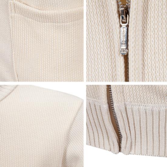 Men Knitted Jacket Stand Collar Long Sleeve Zipper Closure Sweater Coat with Pockets Thickened Plush Lining Knitwear