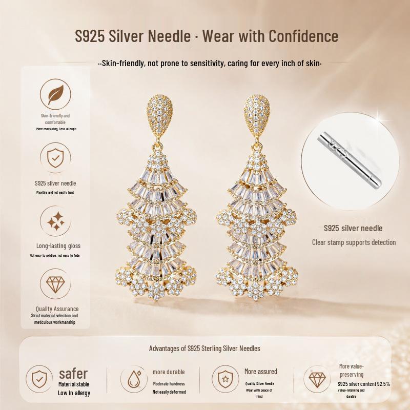 Elegant Long Zircon Inlaid Pagoda Earrings for Women - S925 Silver Needle Fashion Evening Dangles