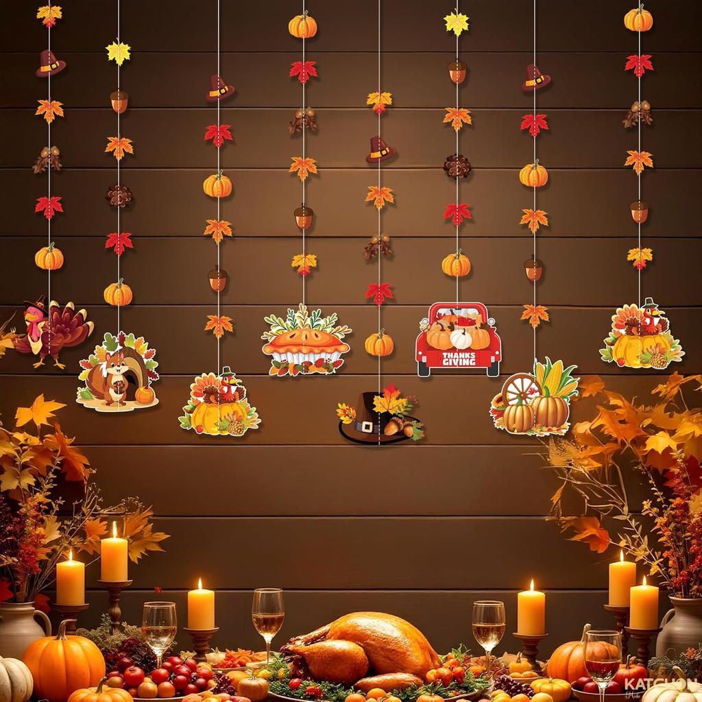 KatchOn, Happy Thanksgiving Hanging Garland - Pack of 8 | Fall Party Decorations, Thanksgiving Garland Ceiling Wall Hanging Decor for Home,