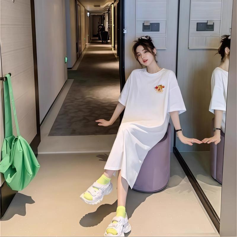 Damen Sommer T-Shirt Langes Überknie-Kleid Locker Schlitz Kurzarmkleid