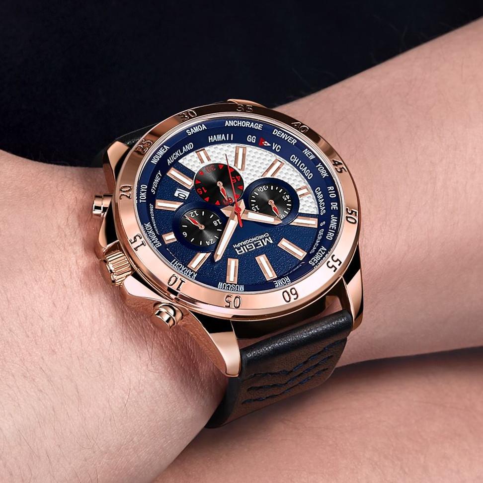 Men's Chronograph Quartz Sports Watches Leather Band Waterproof Luminous Wristwatch Man Relogios Masculino