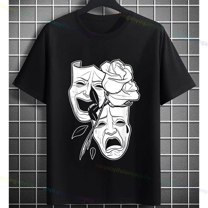 Unisexs Funny Comedy Tragedy Masks White Roses Art Graphic Tshirt Shortsleeve Pure Cotton Fashion Streetwear Casual Tshirt