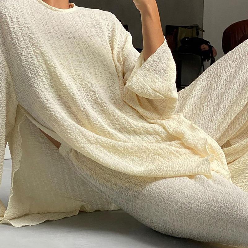 2023 Long Sleeve Casual Crepe Blouse Women Long Pant 2 Two Piece Sets O Neck Split Simple Tops Loose Trousers Suit Outfits 28162