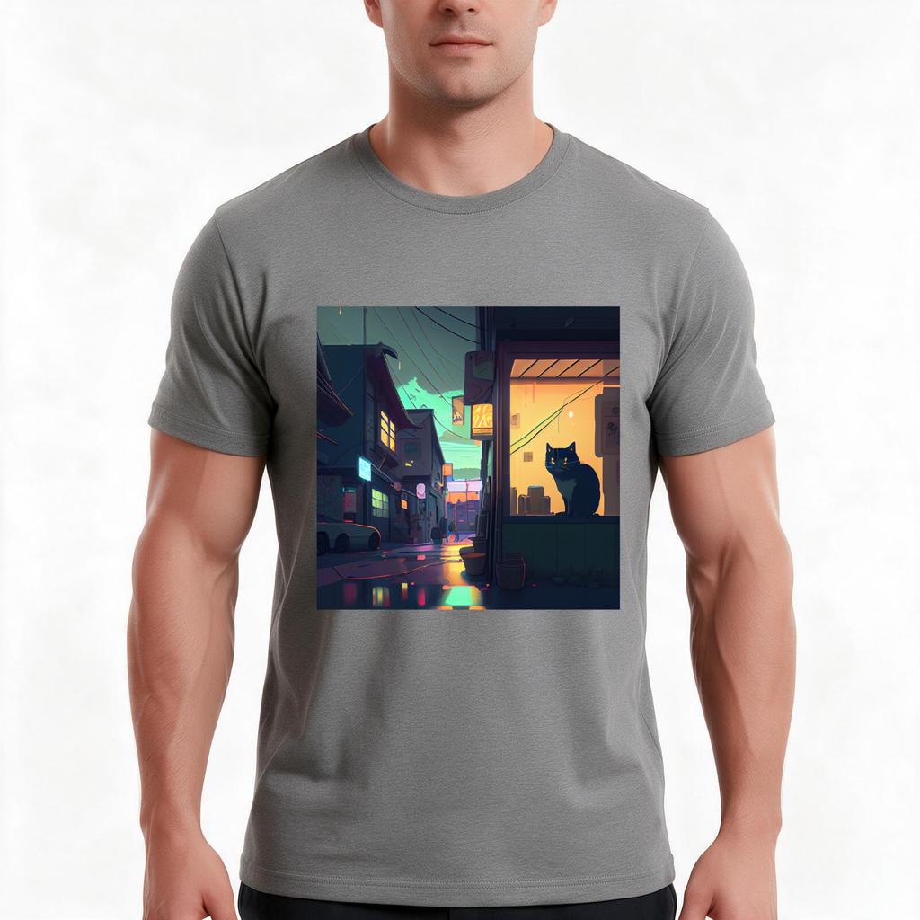 Lofi Cat On The Window Street Night Tshirt Summer Casual Cotton Tee Oversized Streetwear Tops Vintage Graphic Print