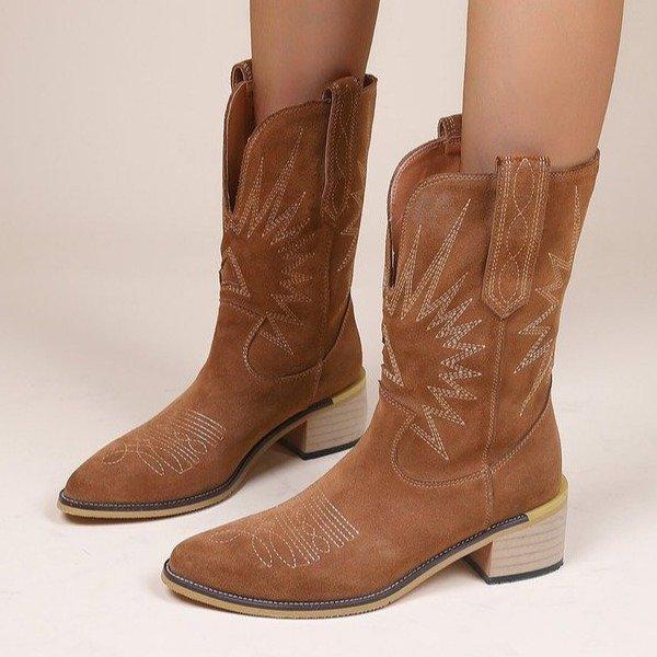 

Сапоги-чулки большого размера 2024 осень толстый каблук ковбойские сапоги с V-образным вырезом вышивка средняя голень рыцарские сапоги женские 43