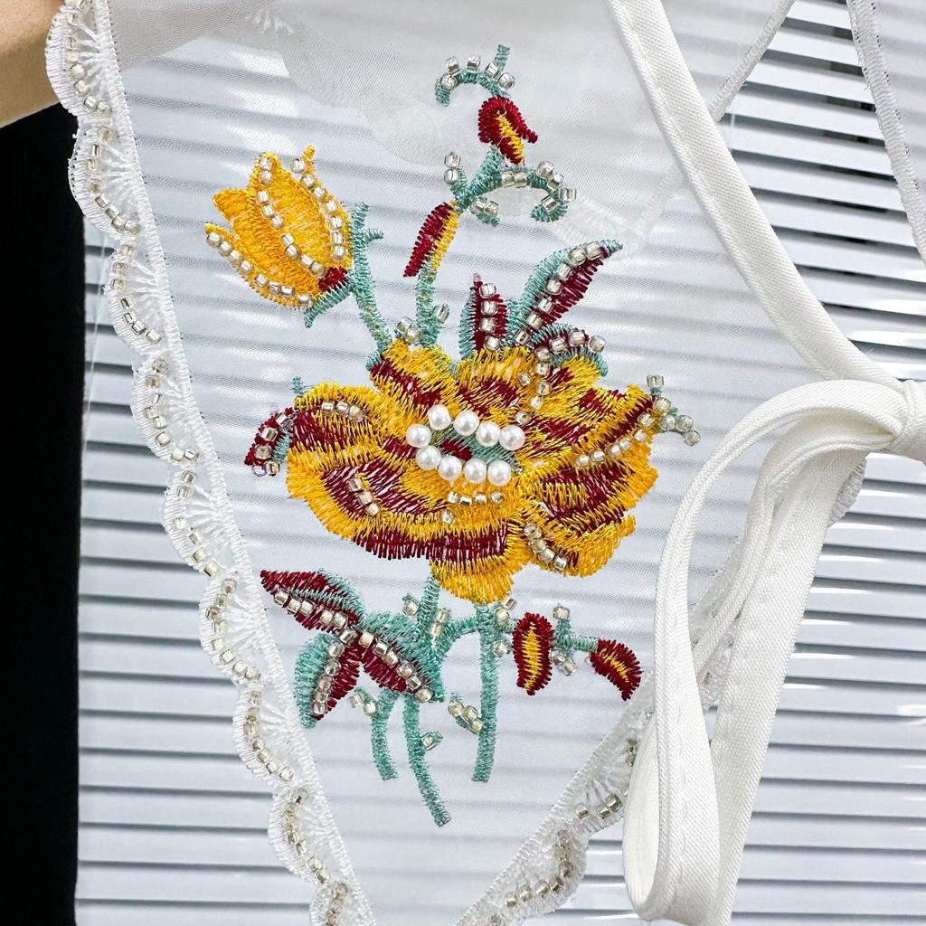 Colorful Embroidered Beaded Bow Tie False Collar - Ethnic Style Floral Design