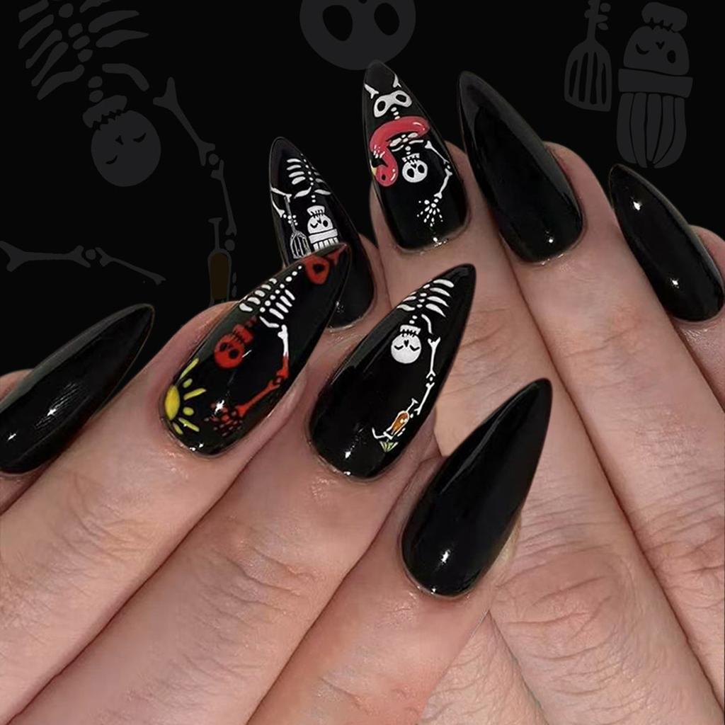 Halloween Aufpressnägel Mandelform Falsche Nägel Acrylnägel Spinnennetz Falsche Nägel Aufklebenagel Vollabdeckung Falscher Nagel