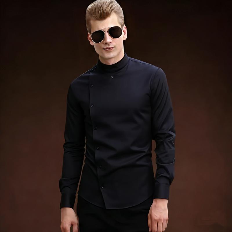 Men s White Stand Collar Asymmetric Button Long Sleeve Slim Fit Dress Shirt S чёрный