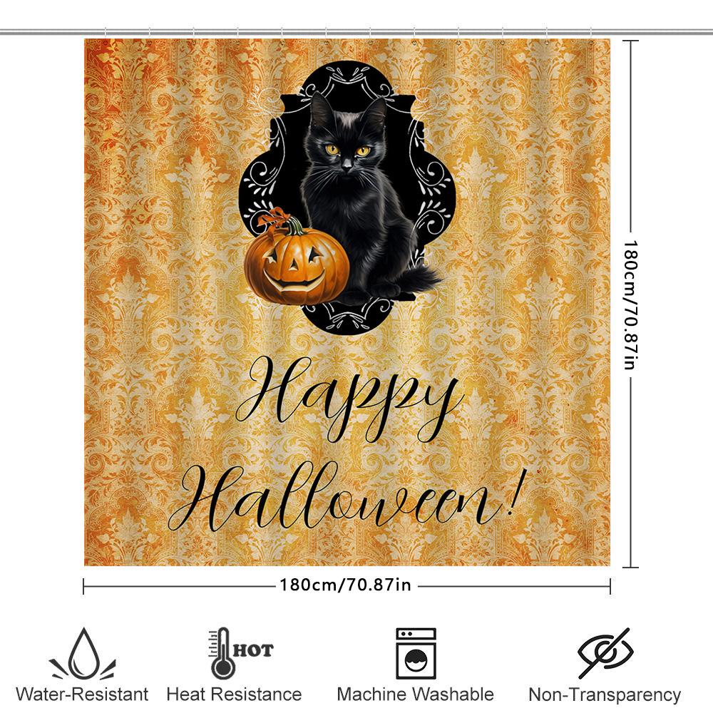 Halloween Shower Curtain with Jack-O-Lantern Pumpkin Print Fall Decorations for Bathrooms Black Cat Yellow Damask Pattern Reusab