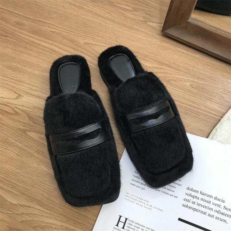 Fashion Women's New Korean Version of Fluffy Slippers with Soft and Fluffy Toe Cover, Fashionable and Warm Half Slippers for Lazy People