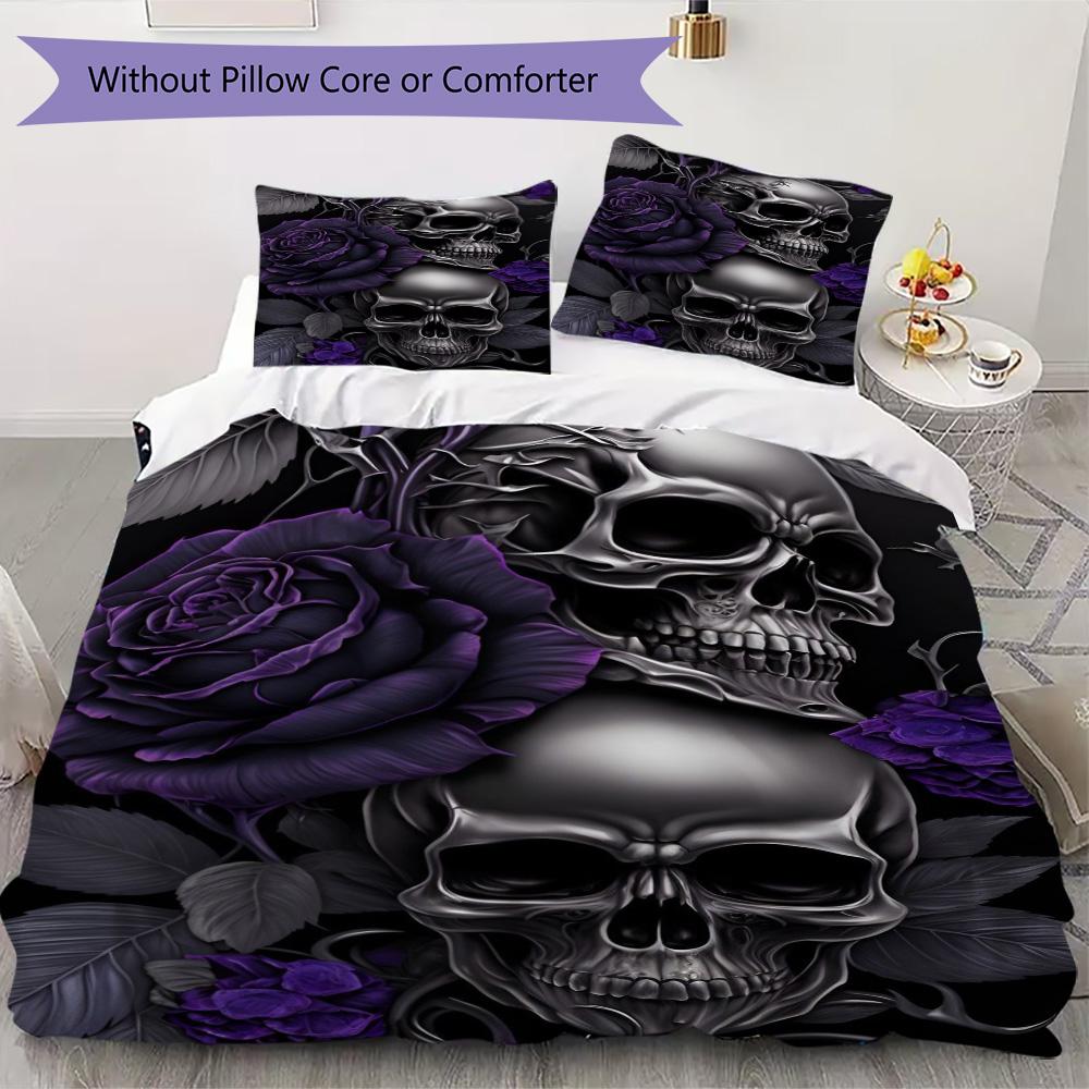 Purple skull and roses Pattern Bedding,Quilt Set Quilt Cover Pillowcase Home Birthday Gift (1*duvet cover+2*pillowcase,without core)SSJT0917587