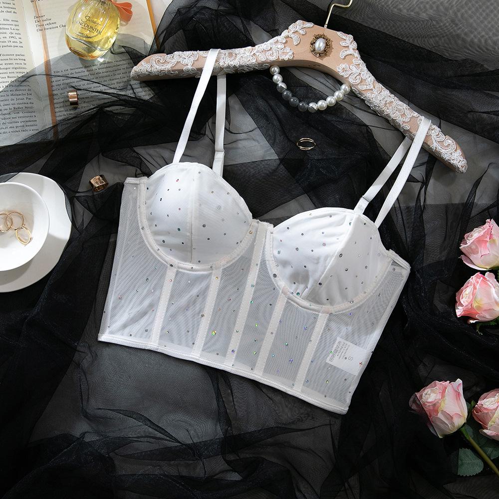 

Сексуальный укороченный топ для ночного клуба с пайетками и стальным кольцом Fishbone S белый