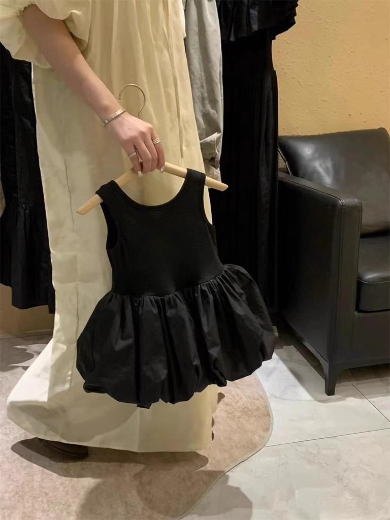 Korean Girls Sleeveless Backless Black Dress - Flower Bud Style Puffy Dress for Children