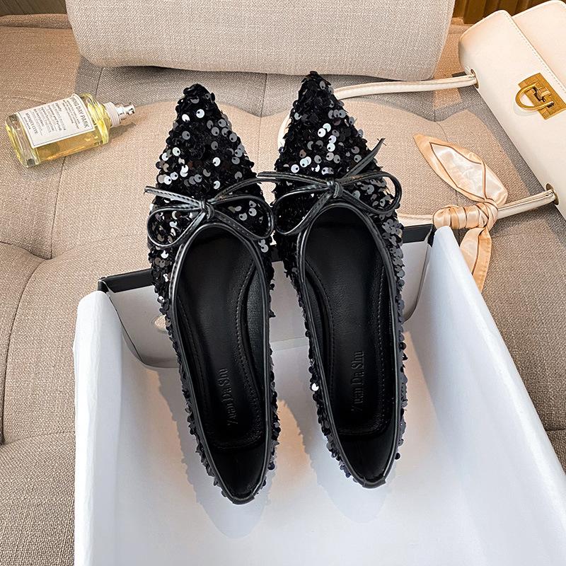 Fashion Flat Shoes for Women 2025 Spring Autumn Sequins Shallow Bling Pointed Toe Bow luxury Large Size Women's Shoes 41 42 43