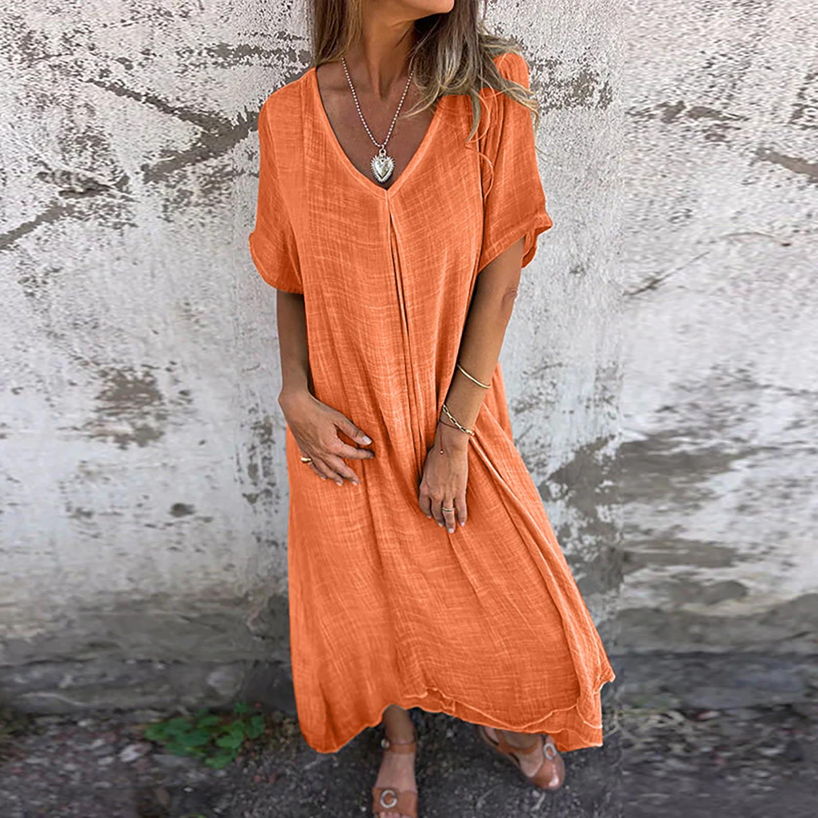 

Женское летнее сплошное цветное повседневное модное платье миди из хлопка и льна с v-образным вырезом XL