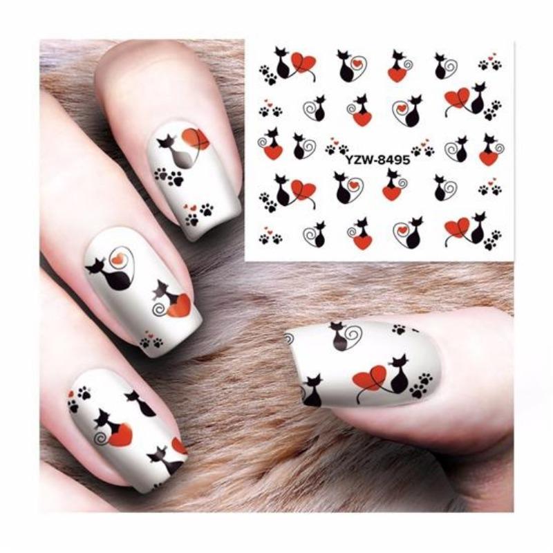 1 Arkusz 12 Rodzaje Woda Przenieś Nails Art Naklejka Kot Wzory Nail Wraps Naklejka