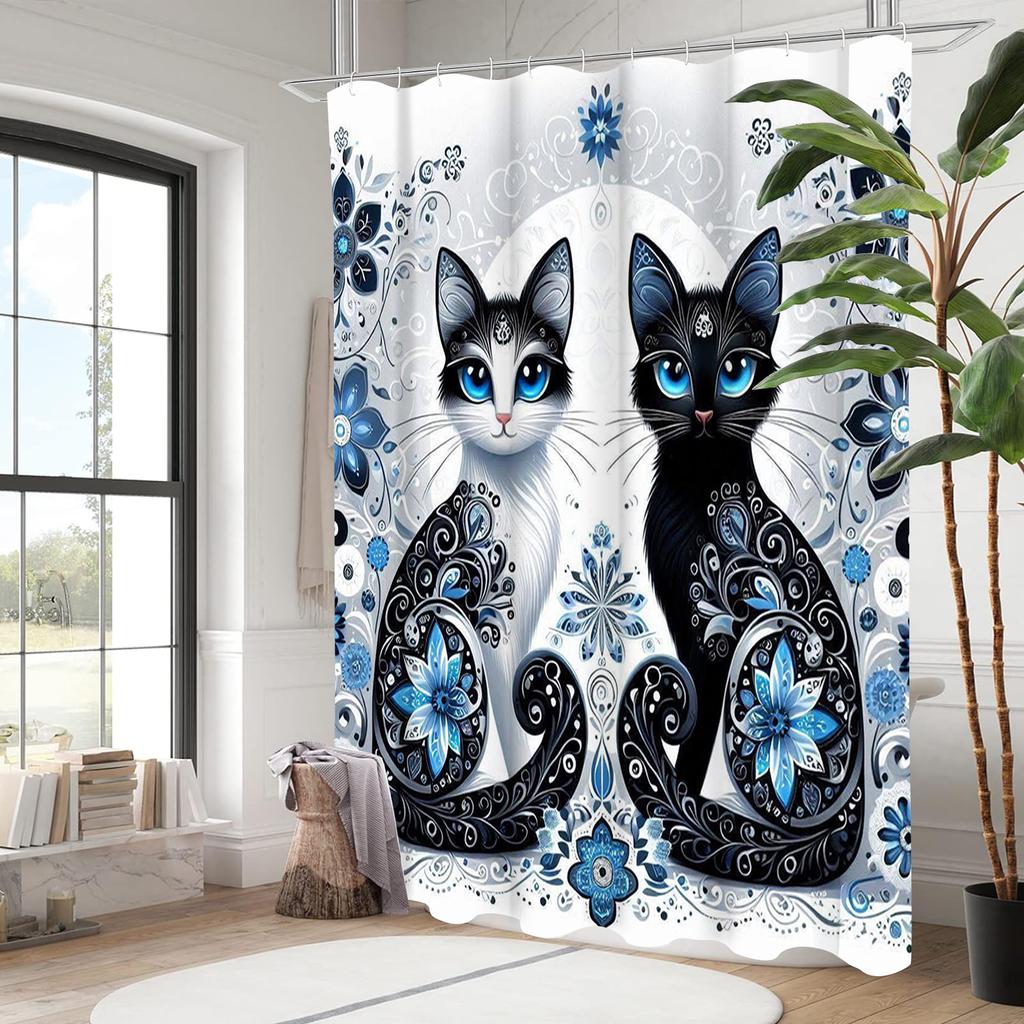 Cartoon Lovely Cat Pattern Bathing Curtain  Bathroom Letters Shower Curtain Waterproof With 12 Hooks Fishes Home Deco Free Ship
