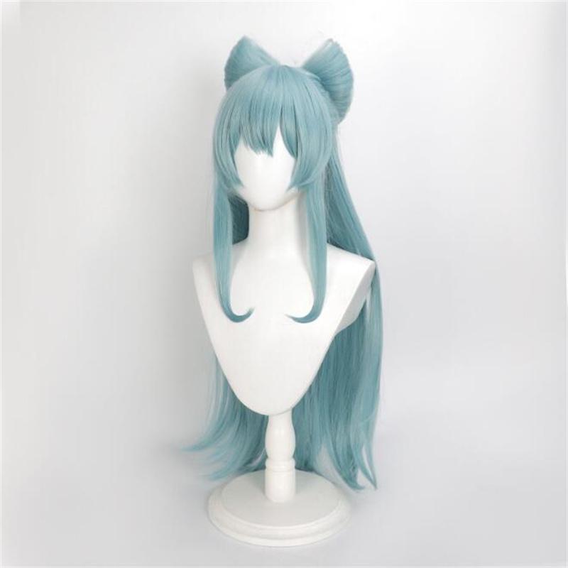 New Yumemizuki Mizuki Cosplay Wig Long Light Blue Curly Big Bowknowt Heat Resistant Synthetic Hair Anime Game Wigs + Wig Cap