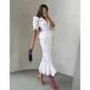 Vestido Midi Sirena Peplum Cuello Blazer Manga Abullonada Estampado Floral Blanco para Mujer Elegante Casual Vestido de Dama de Honor Boda Vestido de Verano