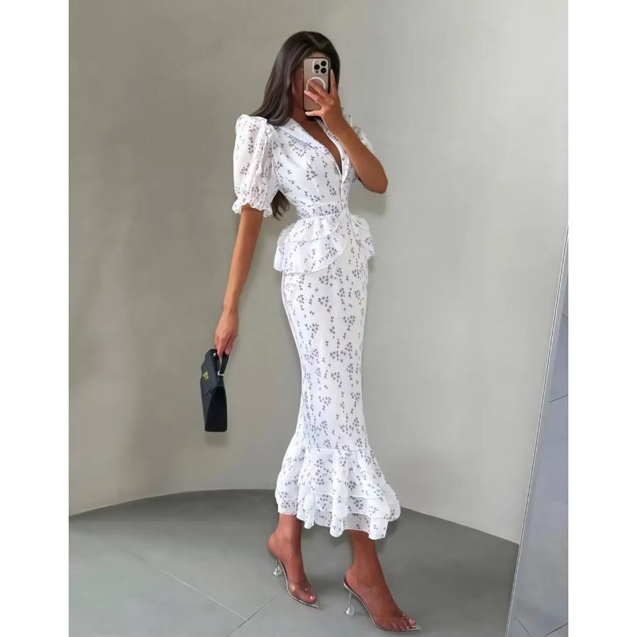Vestido Midi Sirena Peplum Cuello Blazer Manga Abullonada Estampado Floral Blanco para Mujer Elegante Casual Vestido de Dama de Honor Boda Vestido de Verano