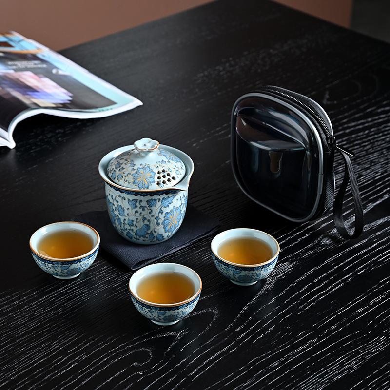 Ru kiln portable travel tea set Kuaike cup outdoor leather bag storage bag travel advanced sense camping