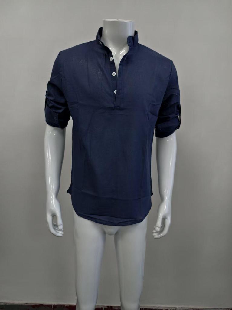 Men's Plus Size Long-Sleeved Linen-Cotton Shirt - Solid Color, Loose Fit