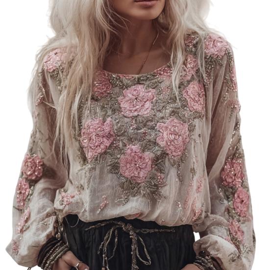 Women Tops Round Neck Long Sleeve Loose Fit Tee Shirt 3D Flower Printing Faux Pearls Decor Pullover Tops Casual Office Wear