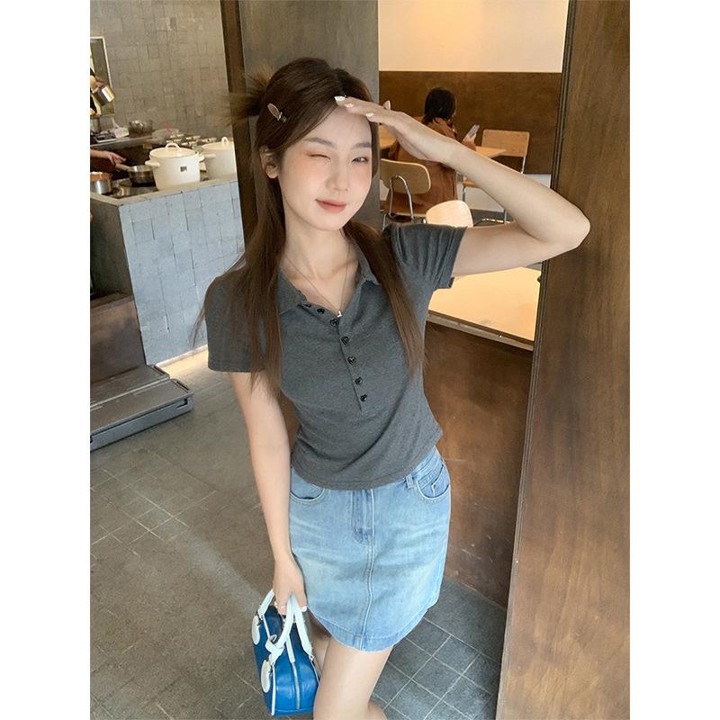 Korean College Style Polo Lapel Short Sleeve T-Shirt Women's Spring and Summer New American Front Shoulder Skinny Top