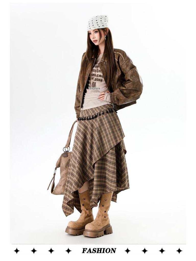 Women's Irregular Plaid Tassel A-line Skirt with Embroidery - High Waist, Slimming Fit, Mid-length for Autumn/Winter