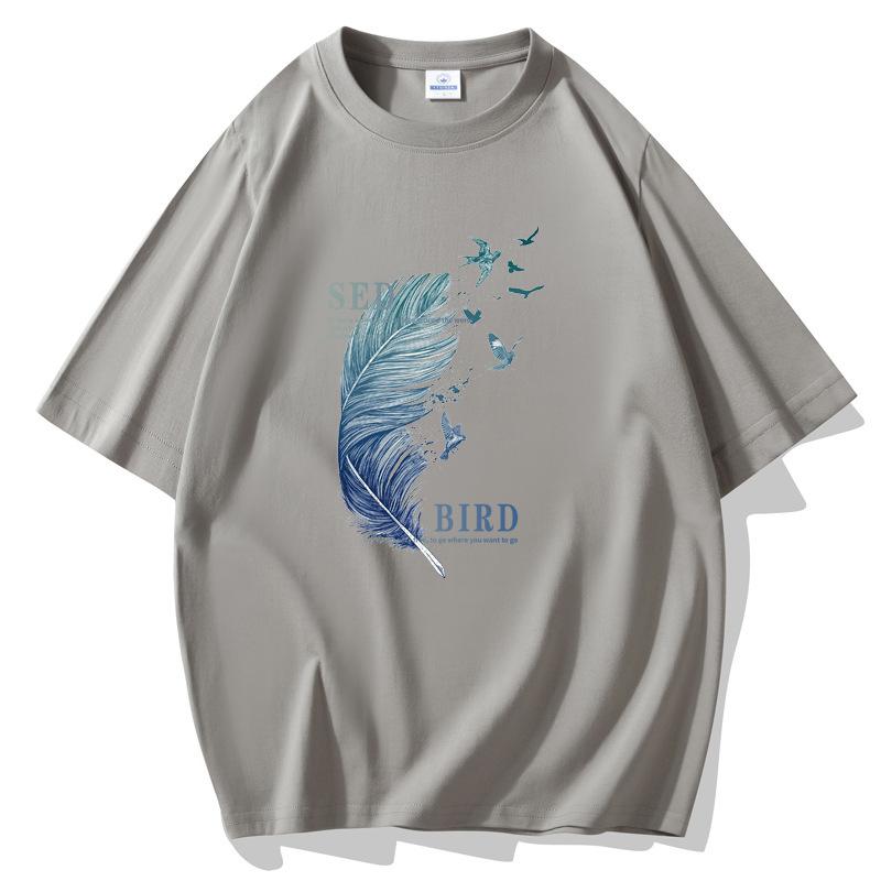 10 Colors Feather Man's Short Sleeves Loose T-shirt 100% Cotton Casual Tee Size S-5XL