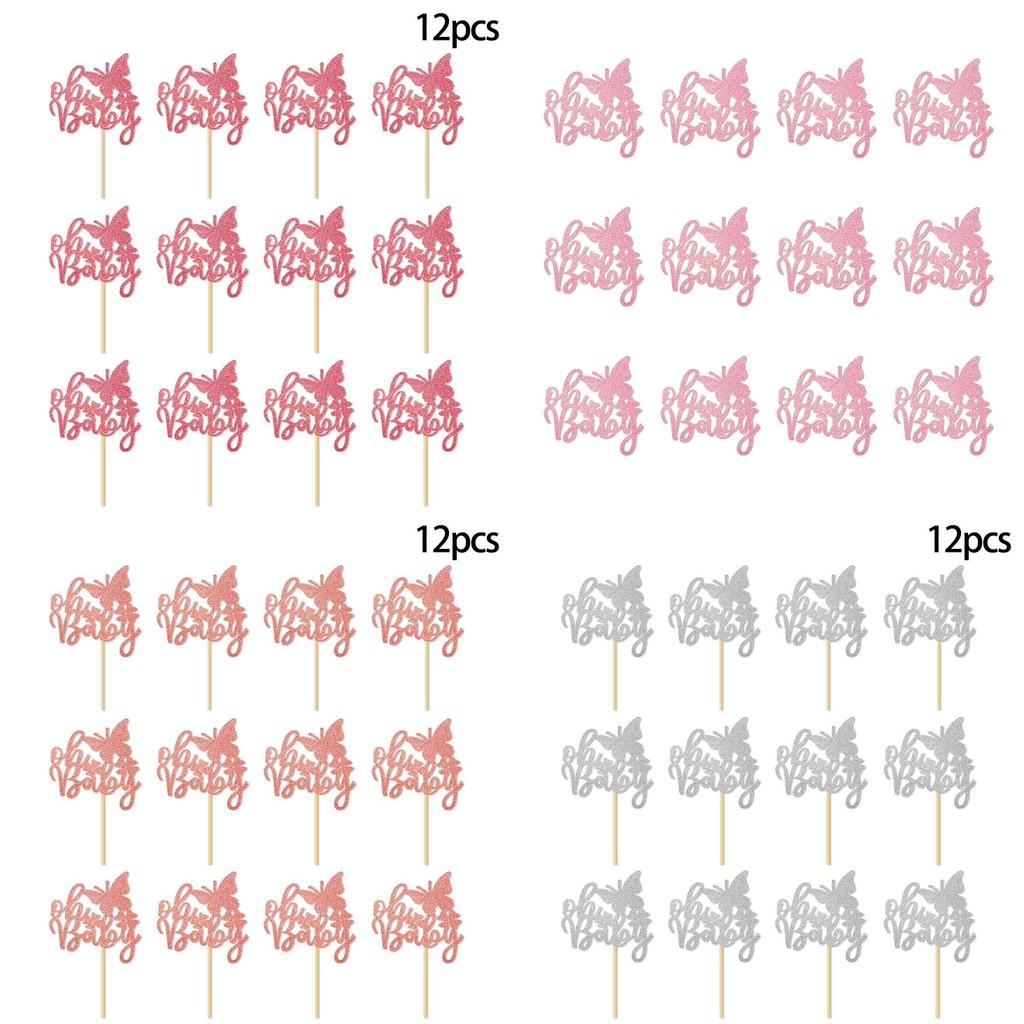 Baby Birthday Celebration Cake Decor Kit With Pink Glitter Paper Flags Event For