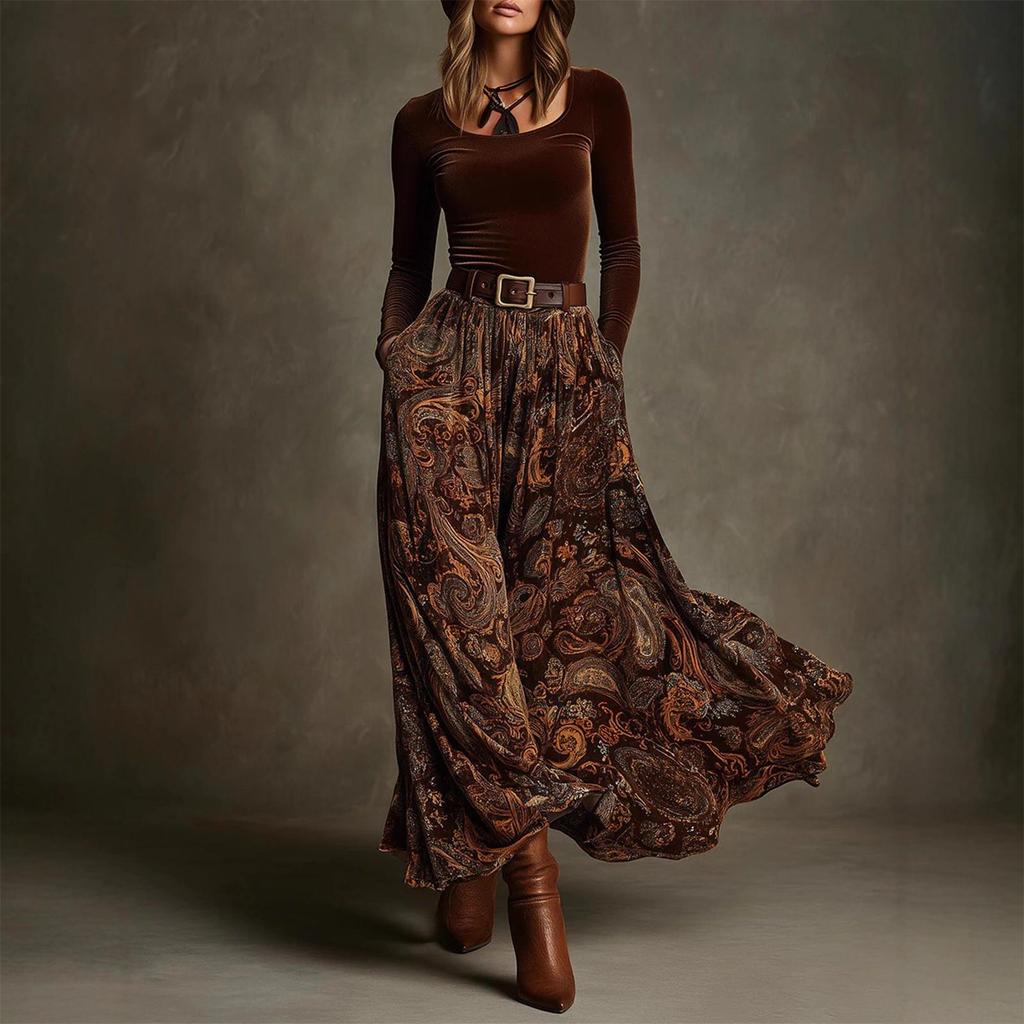 Completo da Donna con Top Girocollo a Manica Lunga e Gonna Maxi a Vita Alta