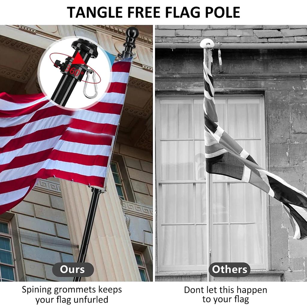 1.8M Stainless Steel Telescopic Flag Pole Wall Mount with Tangle-free 360 Rotating Rings Guide Banner Flag Pole Holder