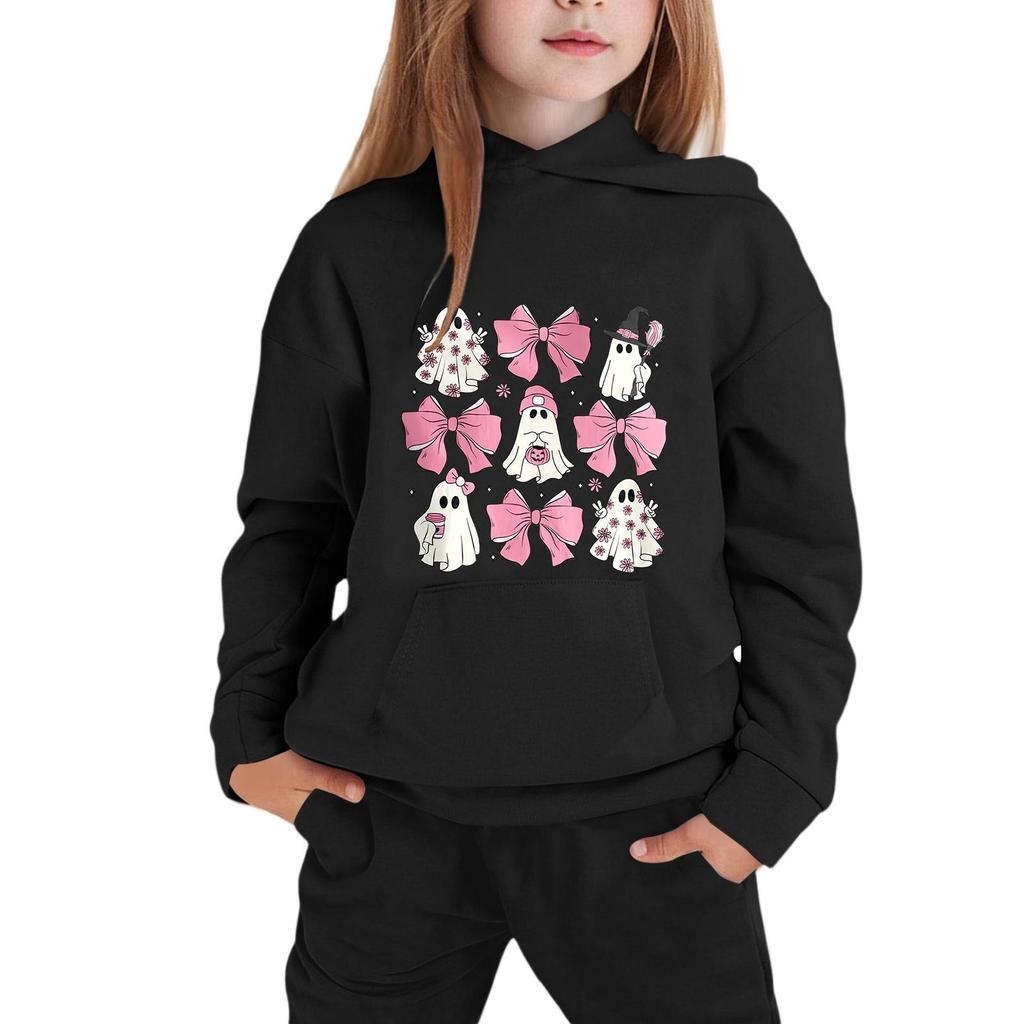 Kids Halloween Hoodie Pullover Sweatshirt with Ghost and Bow Print Long Sleeve Casual Top for Boys Girls