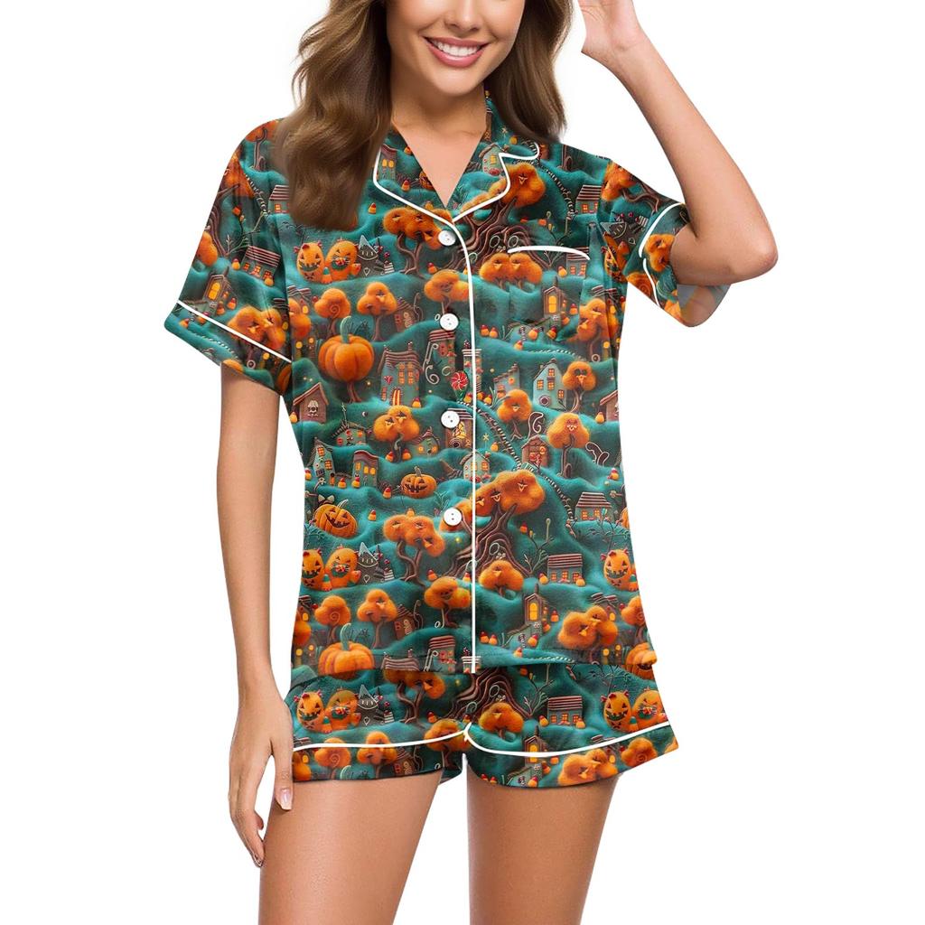 Women's Casual Fashion Halloween Printed Short Sleeve Home Suit