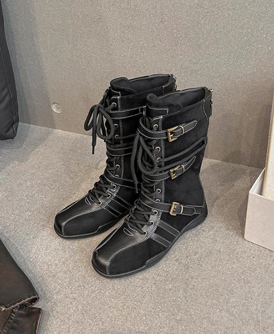 

Retro round head splicing lace-up thick-soled Martin boots women s 2025 new niche belt buckle versatile German training boxing boots 40 чёрный