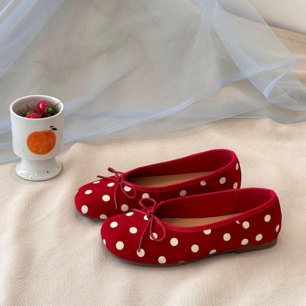 Sheepskin Version~ Sweet Wind Bow Polka Dot Ballet Shoes Women'S FlatSoled Ladyshoes Round Head One Pedal Commuter Shoes