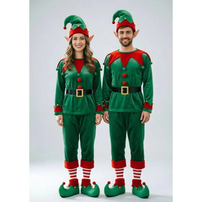 Unisex Velvet Elf Costume Set Christmas Party Cosplay Holiday Performance Green