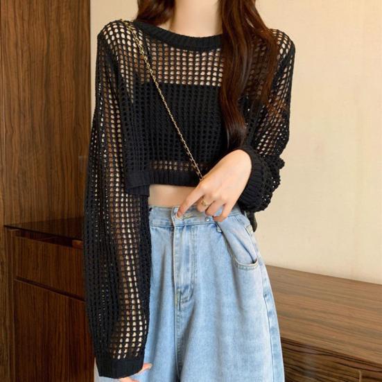 Damen Oberteile Unifarben Lockerer Schnitt Hohlmuster Pullover Oberteile Reine Farbe Sommer Dünne Oberteile Sonnenschutz Kurzes Überwurf-Oberteil