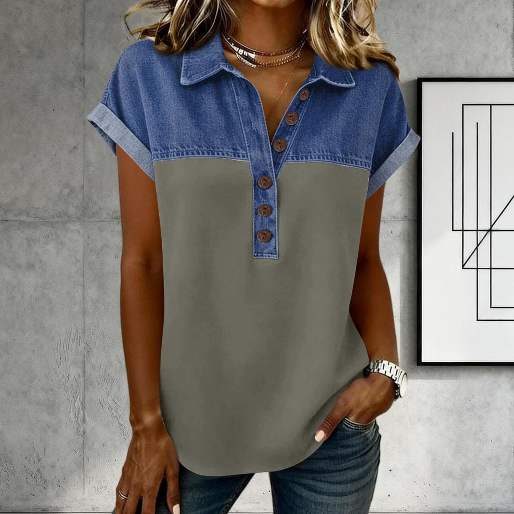 Denim Patchwork Shirts For Women Stand Collar Casual Blouse Short Sleeve Comfy Tshirt Spring Summer Fashion