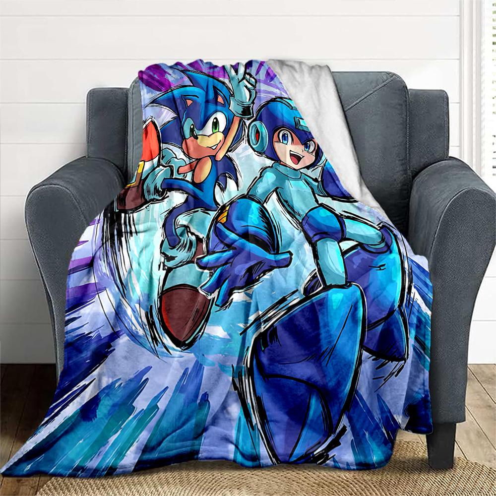 1pc Sonic Mega Man All-Season Comfort, Outdoor Flannel Blanket - Soft, Warm & Cozy for Naps, Camping & Travel 046