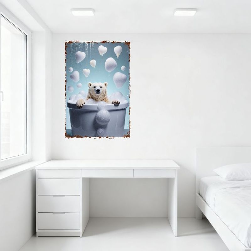 Polar Bear in White Bathtub with Bubbles Heart Shapes Metal Tin Sign Vintage Rustic Home Decor Wall Art for Man Cave Bar Cafe Cl