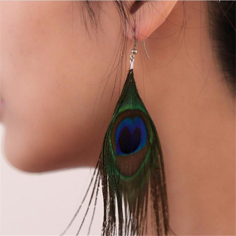 Style Assorted Color Peacock Natural Feather Earrings Drop Earrings