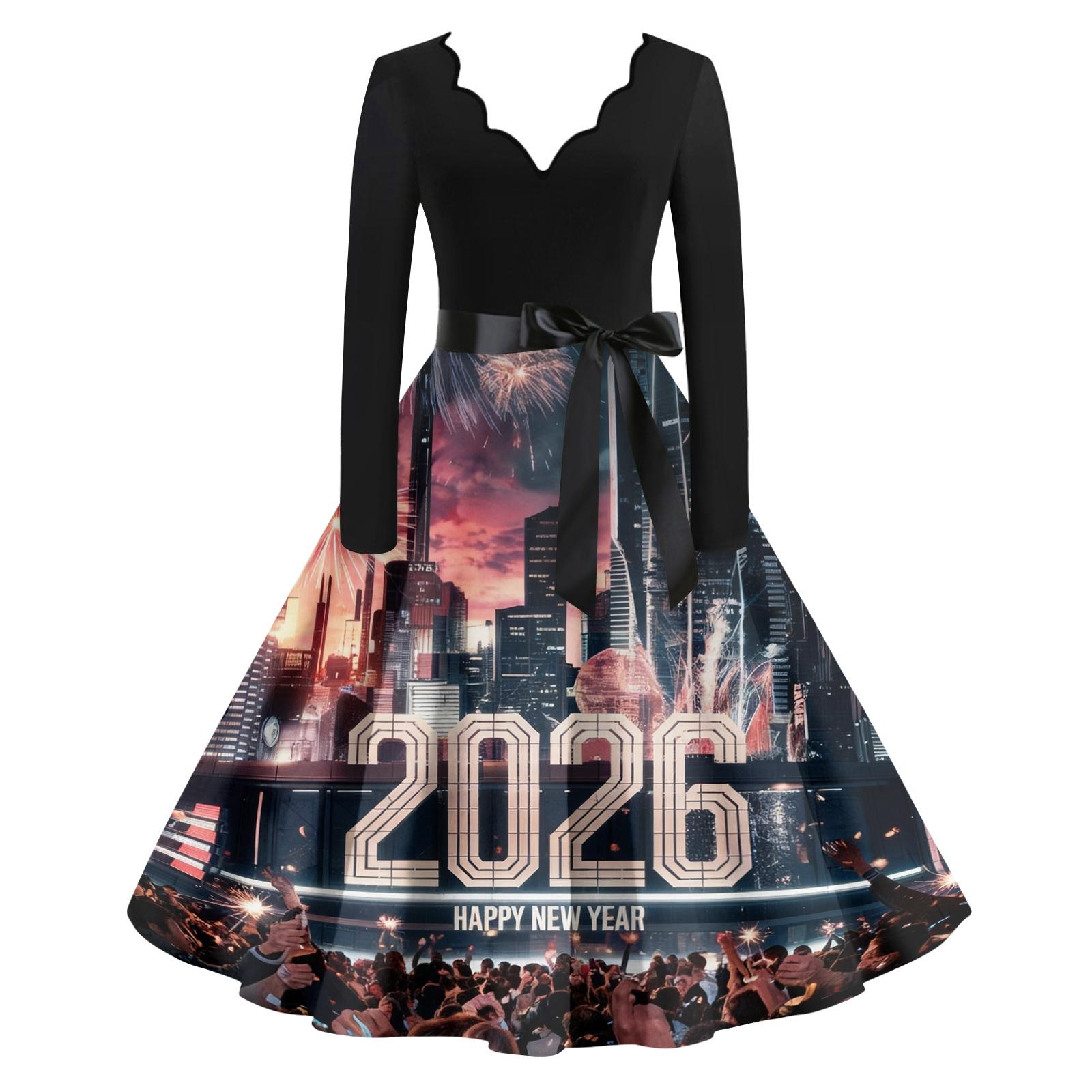 

Жіноча повсякденна мода Новорічна сукня вінтажного стилю з V-подібним вирізом і принтом L рожевий