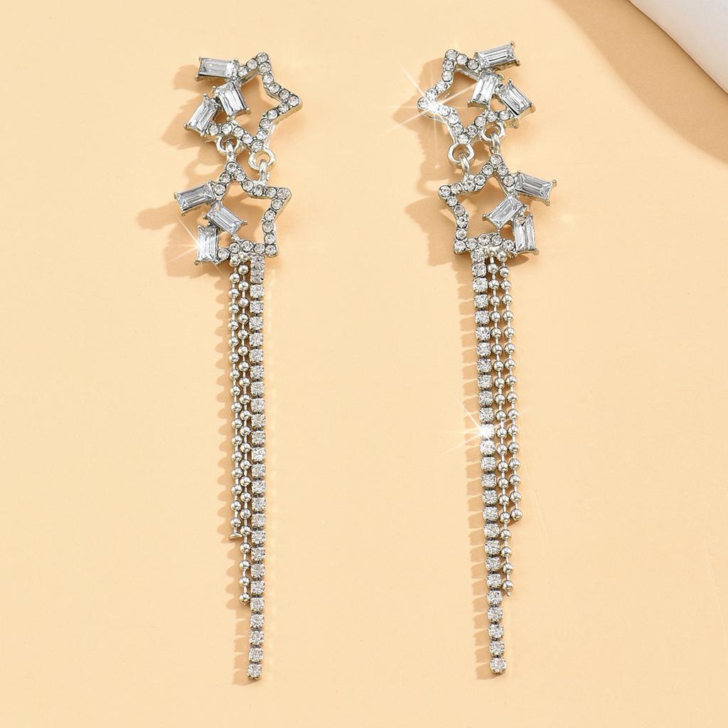2 Pieces of Women's Fashionable Long Diamond Studded Star Tassel Earrings, Earrings, Banquet and Party Accessories